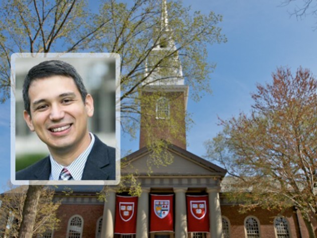 Matthew Potts portrait over photograph of Memorial Church in the background