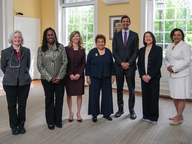 From left: Martha Minow, 2022 Radcliffe Medal recipient Sherrilyn Ifill, Leslie Cornfeld, Donna Shalala, Raj Chetty, Pam Eddinger, and Tomiko Brown-Nagin