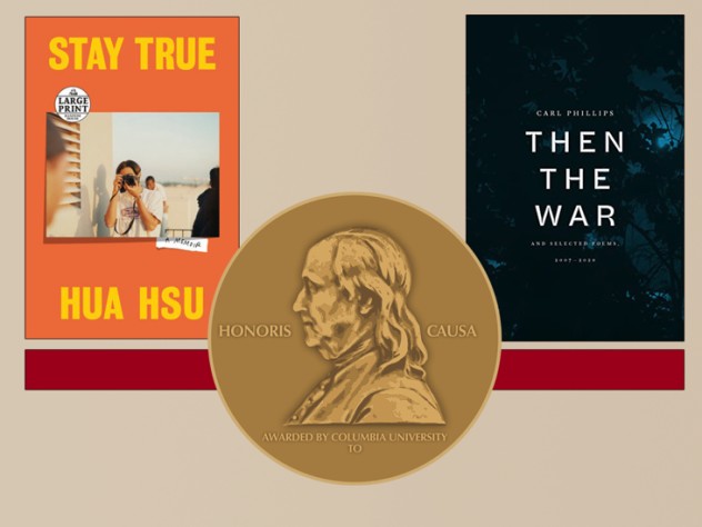 An image of the covers for Stay True and Then the War, overlaid with a gold Pulitzer Prize medal