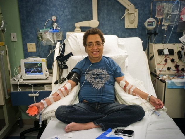 Photograph by Stu Rosner All in a day’s treatment: Khaled, seen in these photographs with hemapheresis practitioner Beverly Gedutis, R.N., and author David Nathan, spent May 8 at Children’s Hospital Boston, where for decades he has been transfused with red blood cells every three weeks. The bottles he carries below contain the iron chelator deferisirox.