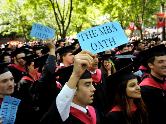 Photograph by Stu Rosner Business School candidates Teal Carlock, Umaimah Mendhro, and Dominic Dragisich promote the new M.B.A. oath.