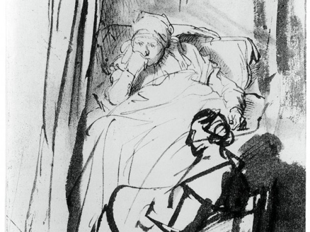 Rembrandt Harmensz van Rijn, <i>Saskia in Bed, a Woman Sitting at her Feet</i> (1635)
