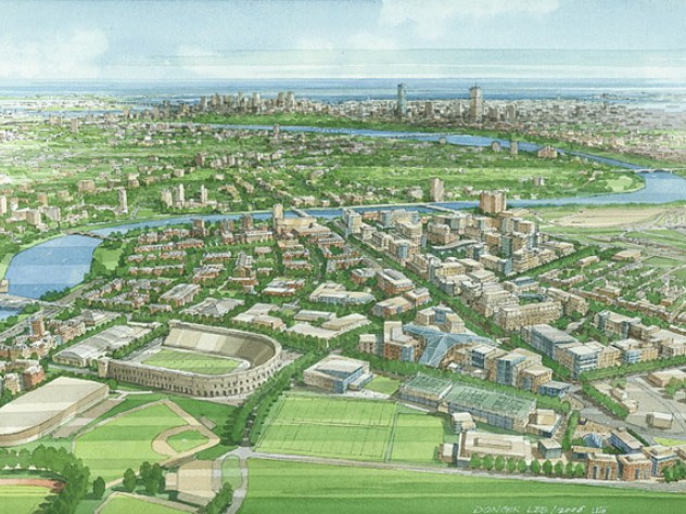 An artist's rendering of the completed campus shows, at center right, a triangular glass canopy to shelter patrons at the arts plaza, and the almost total reconfiguration of the athletic facilities.