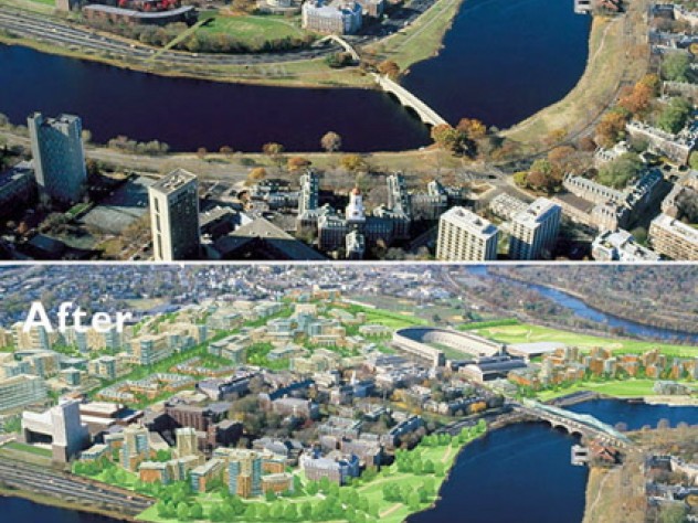 Before and after views centered on the Business School campus show how new development might appear. Shuttle buses could cross the Weeks footbridge once Soldiers Field Road is covered.