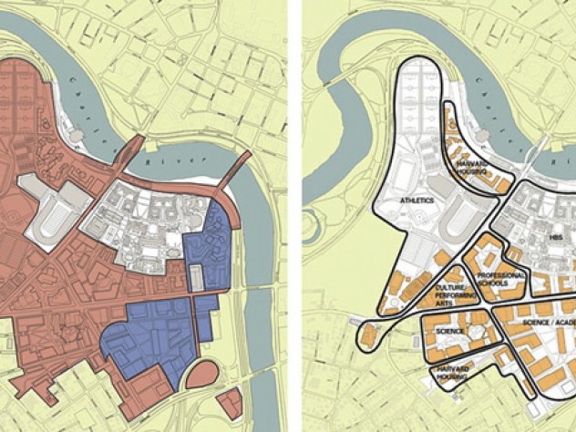 Phase one of Harvard's master plan (far left, in red) will last 20 years. Phase two (in blue) will be developed over a further 30-year span. Uses such as housing, professional schools, science, and culture will be clustered in districts.
