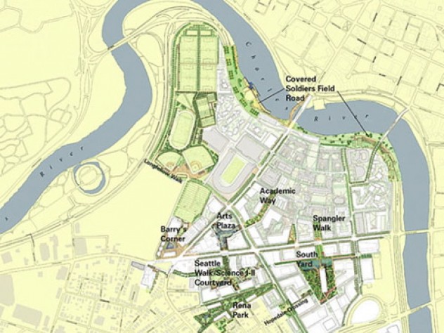 The open-space framework includes "greenways," landscaped paths linking distinct sections of the campus.