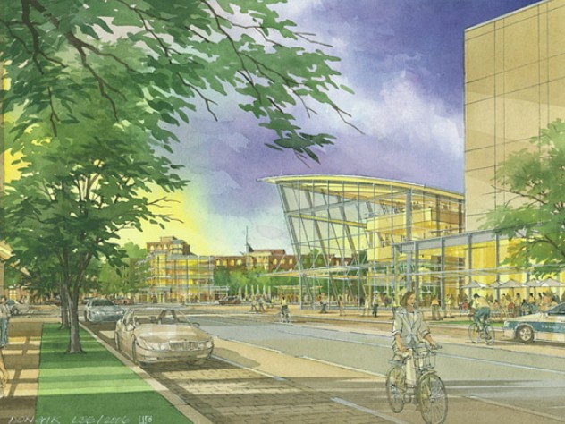 Barry's Corner, at the intersection of Western Avenue and North Harvard Street, is shown here as a combination of retail space, public plaza, and performance center. A new facility for the Harvard University Art Museums will also be located near this intersection, now dominated by gas stations.