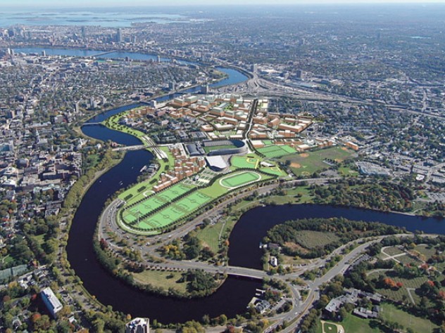A digital rendering of the campus as planners envision it 50 years from now is superimposed on an aerial photograph of Allston today. Prominent among Harvard's proposals is the decking over of Soldiers Field Road on both sides of the Larz Anderson Bridge in order to improve connections across the Charles River.