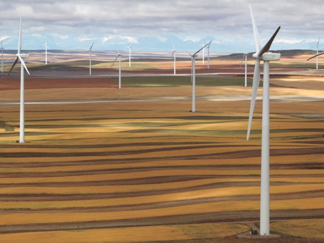 Electricity from towering turbines: wind-energy farm in Ethridge, Montana