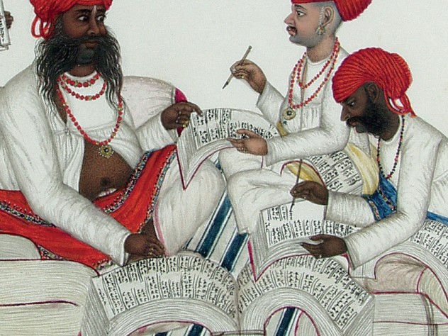Photograph by Kim Masteller/Harvard Art Museums/ Courtesy President and Fellows of Harvard College <i>Bankers Receive News from a Dak Runner</i> (detail), India, c. 1850, at the Harvard Art Museums