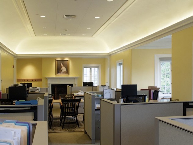 Photograph by Stu Rosner Radcliffe Rejuvenated: Days before Commencement, the Radcliffe Institute moved its administrative offices back into the newly renovated Fay House (shown here, the Atkinson Room, on the third floor). With the renovation of its main buildings now complete, the institute planned to redo its campus landscaping this summer.