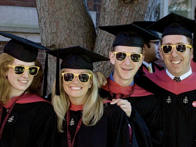 Loyal to their M.B.A. cohort: Carolyn Daly, Stephanie Bartz, Robert Klaber, and Randy Shayler II showed up in matching “HBS Section J 2012” shades. 