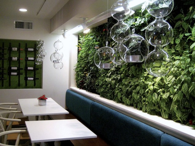 Casa B’s living wall of greenery sets a homegrown tone in the lower dining room. 