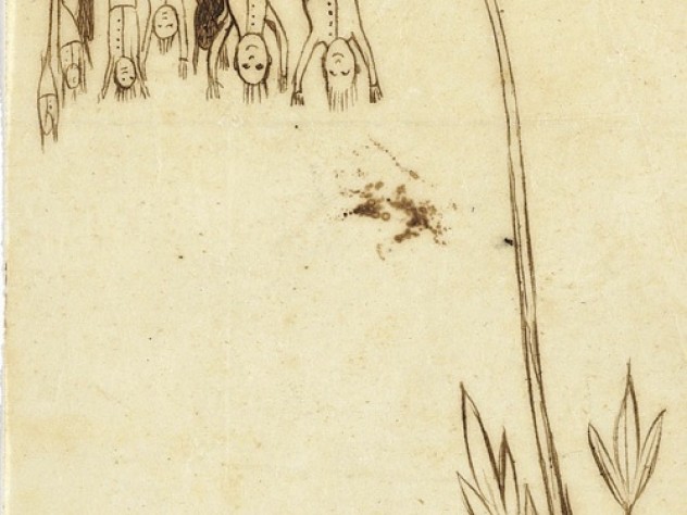 Courtesy of Houghton Library, ©President and Fellows of Harvard College, Harvard University “Manypeeplia Upsidownia” spoofs the seriousness with which scientists take taxonomy. Ink on paper.