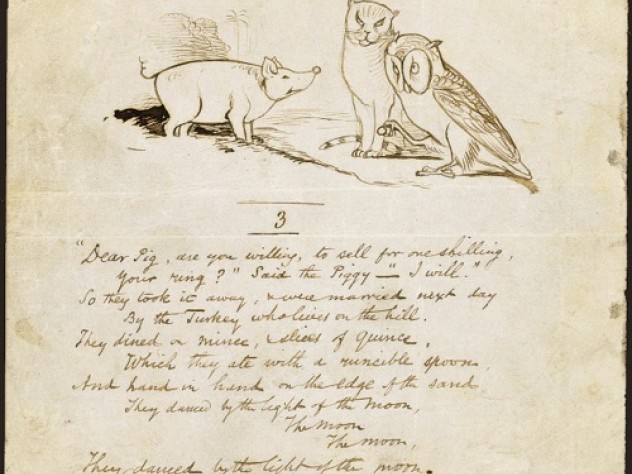 Courtesy of Houghton Library, ©President and Fellows of Harvard College, Harvard University Verse three of “The Owl and the Pussycat.”