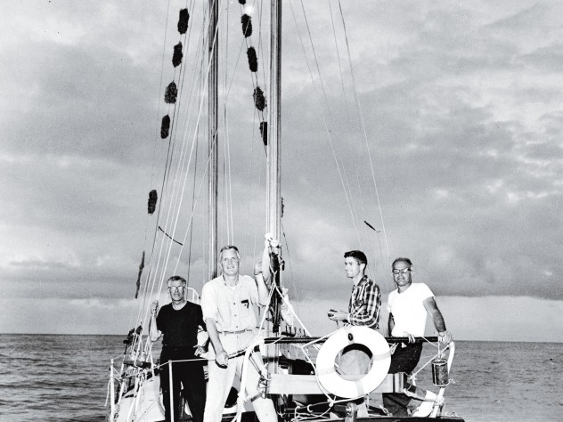 Antinuclear activist Albert Bigelow (second from left) with crew members William Huntington &rsquo;28, Orion Sherwood, and George Willoughby in Hawaii in 1958
