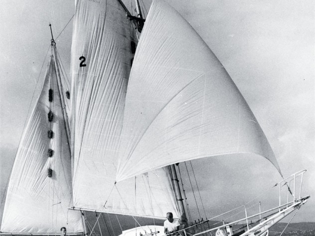 The 30-foot <em>Golden Rule</em> under sail, with James Peck &rsquo;36 and Willoughby visible 