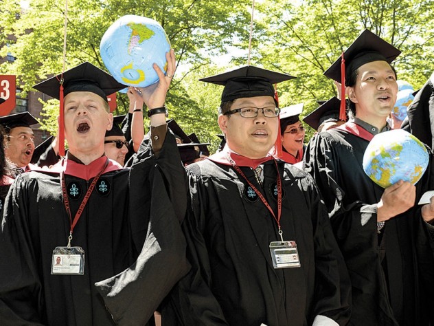 Photograph by Stu Rosner Ready to take on the world are Harvard Kennedy School class marshals Theodore Zagraniski (M.P.A.), I-Chun Hsiao (M.P.P.), and Jonathan Chang (M.P.A.).