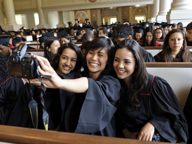 Photograph by Jim Harrison a Baccalaureate-service selfie encompasses seniors Raina Gandhi, Jen Zhu, and Maria Barragan-Santana.