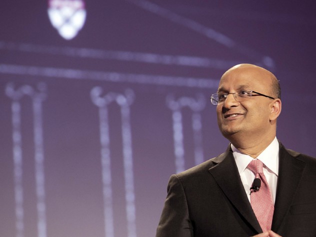 Photograph by Susan Young/Harvard Business School “Let’s begin”: Business School dean Nitin Nohria during his campaign address April 25; a sketch of the iconic Baker Library is projected behind him.
