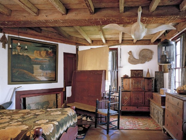 Photograph courtesy of Historic New England American artifacts fill the home; a bedroom highlights the birds especially loved by pioneering collector Nina Little.
