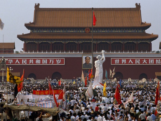Photograph by Stuart Franklin/Magnum Photos Tiananmen Square on May 28, with the student-made Goddess of Democracy statue facing the portrait of Mao Zedong, China’s revolutionary founder
