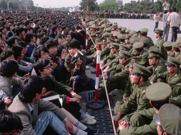 Photograph by Peter Turnley/Corbis Images Soldiers block students from the memorial service for Hu Yaobang in the Great Hall of the People, April 22