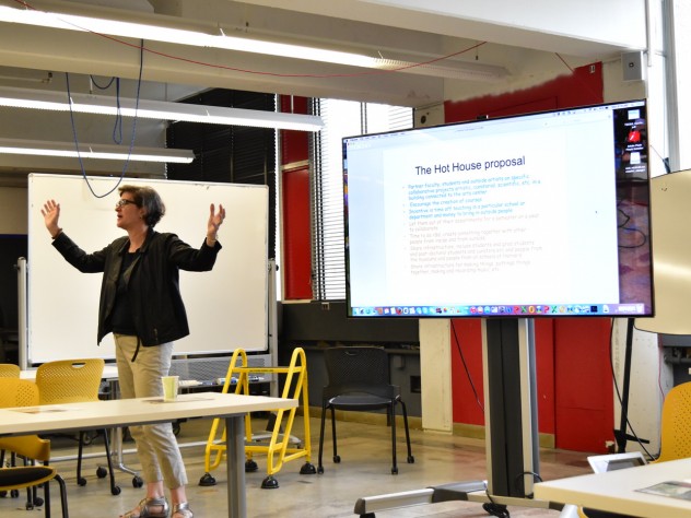 Photograph by Zara Zhang/Harvard Magazine In her opening remarks, physics professor Melissa Franklin stressed the importance of creating spaces where students can engage in hands-on learning.