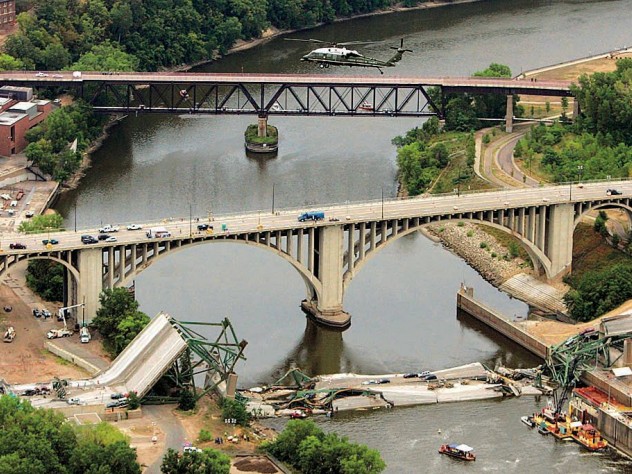 The I-35 bridge collapse in Minneapolis (2007), resulting from a design flaw and heavy loads