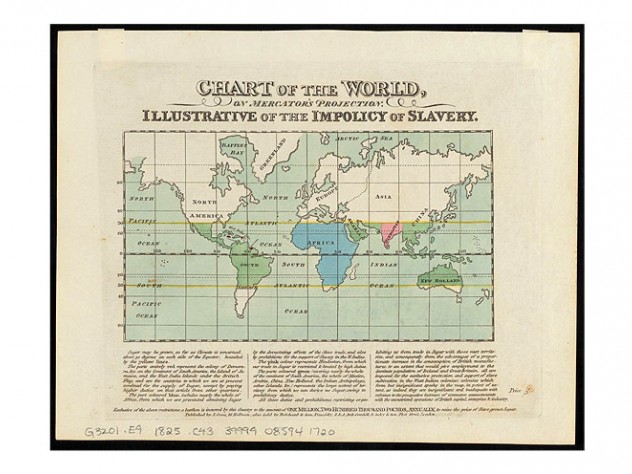 Map of the world, ca. 1825, showing "the impolicy of slavery"