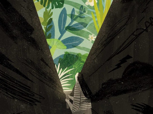 image of a girl in a dark space looking upward as her flashlight illuminates a verdant space ahead