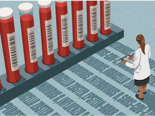 Illustration of a woman in a lab coat studying shadows cast by vials of blood, each shadow a readout indicating the presence of a past exposure to a specific pathogen.