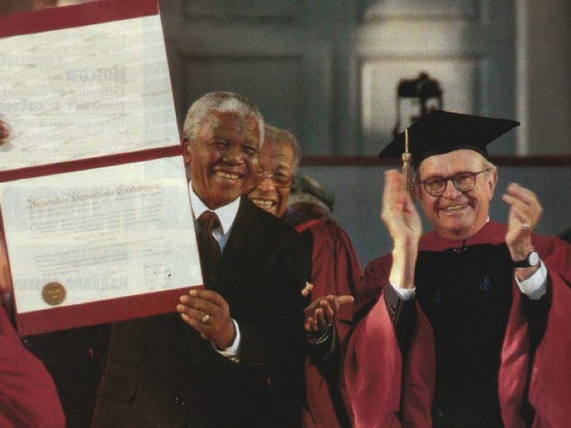 Photograph of Nelson Mandela receiving honorary degree and University Marshal Rick Hunt