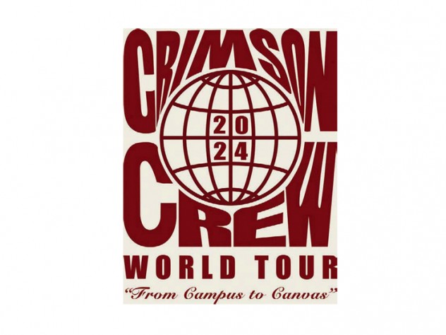 The T-shirt designed for the College class of 2024, reading "Crimson Crew WORLD TOUR" and displaying a globe-like circle labeled 2024