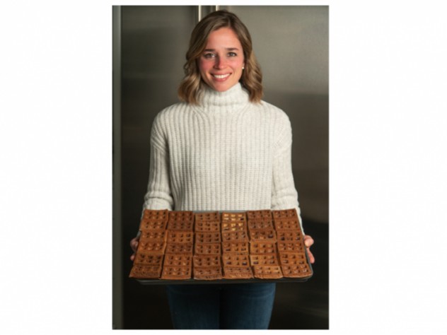 A woman holds a tray of waffles