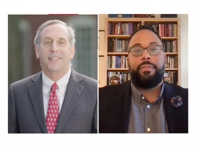 Photographs of Harvard president Lawrence S. Bacow and Harvard alumnus and guest speaker Kevin Young