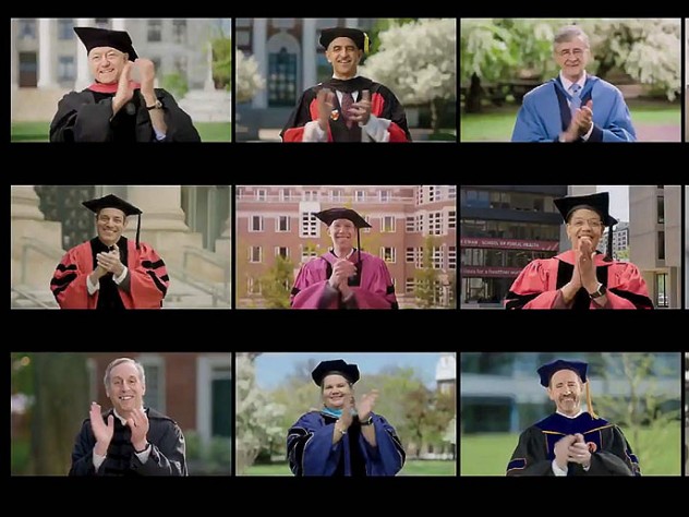 Screen shot of Harvard President Bacow and deans applauding graduates.