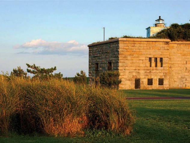 Sunset view of Fort Taber Park and the exterior of Civil War-ere Fort Rodman
