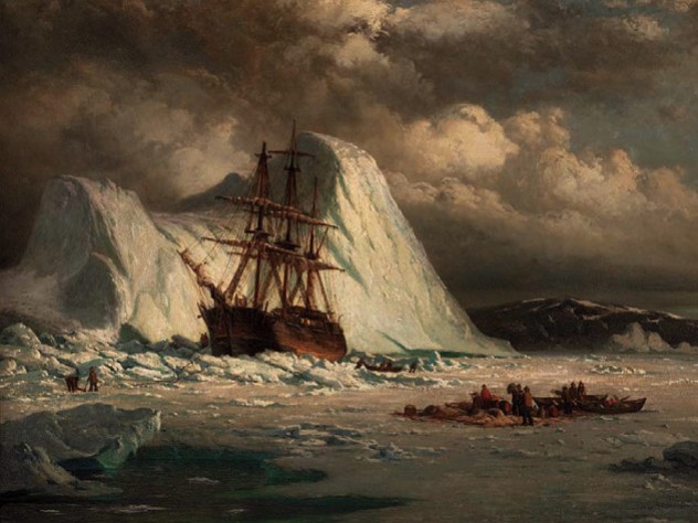 Masted ship stuck in the ice