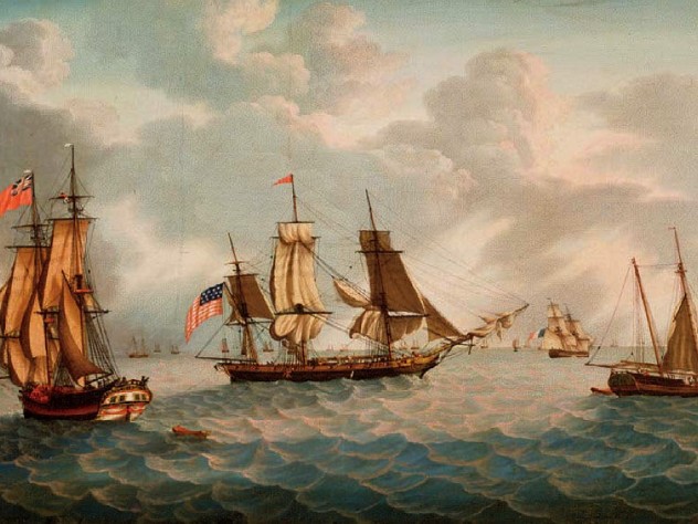 Painting of masted ships on the ocean