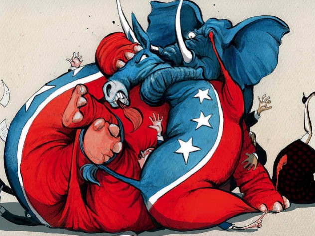 An illustration showing a donkey and an elephant, representing the Democratic and Republican parties, wrestling.