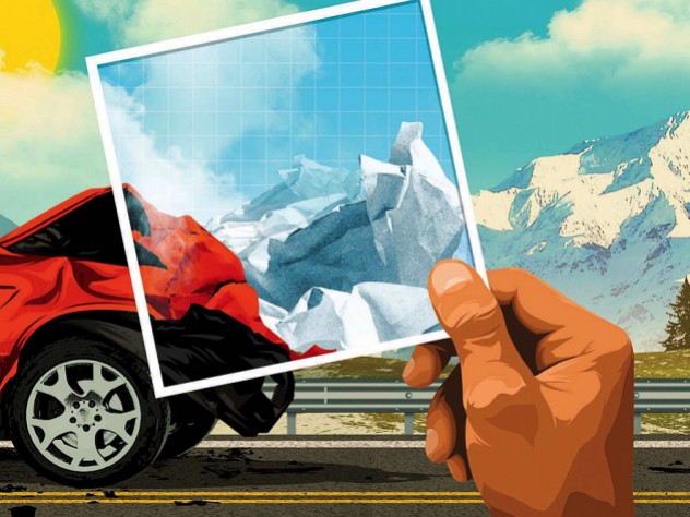 An illustration of the crumpled front end of a car that has been in an accident with mountains that are the result of crumpling of Earth's crust, rising in the background