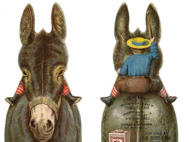 The front and back of a die-cut trade card shaped like a donkey that was used to advertise coffee. When the card is flipped over, the viewer can see that there is a boy riding on the donkey's back.