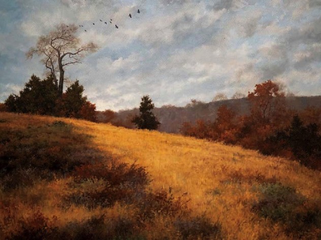 Landscape painting of wide sky and golden field with trees in the distance 