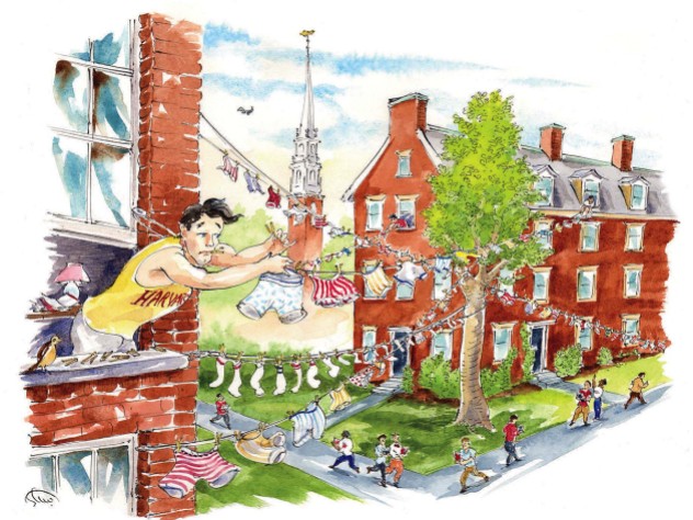 Illustration of football players hanging their laundry out to dry