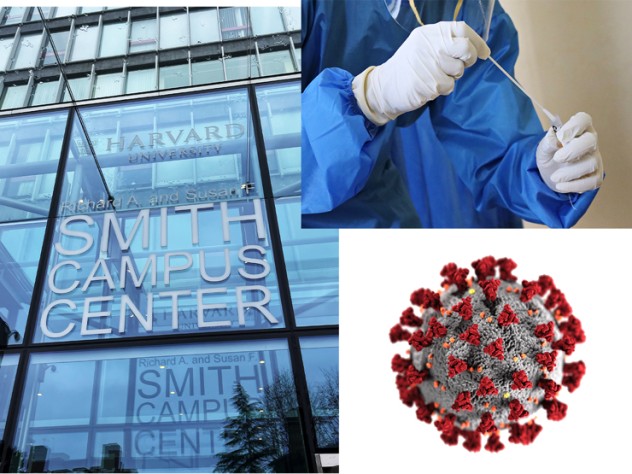 Montage of Smith Campus Center, a laboratory worker performing a swab test, and a COVID-19 graphic