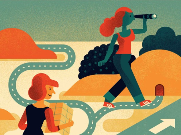 Illustration of students choosing different paths through college