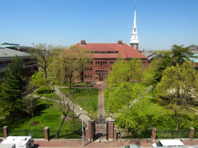 Photograph by Blair Kamin, 2013 Nieman Fellow In Sever Quad, all paths converge on the Class of 1885 Gate. Sever Hall and Memorial Church rise in the background. This view was taken from the roof of the Fogg Museum.