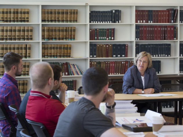 Photograph by Freddie Reed/Courtesy of the Warrior-Scholar Project President Drew Faust addresses the 14 veterans who participated in the Warrior-Scholar Project at Harvard. The week-long pilot program, which involved democracy-themed seminars as well as reading and writing workshops, ran from July 6 to July 12.