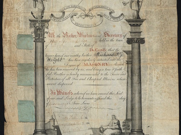 An initiation certificate for Richard P.G. Wright, inducting him into African Lodge no. 459, the first Black Masonic Lodge in Boston on June 23, 1799.